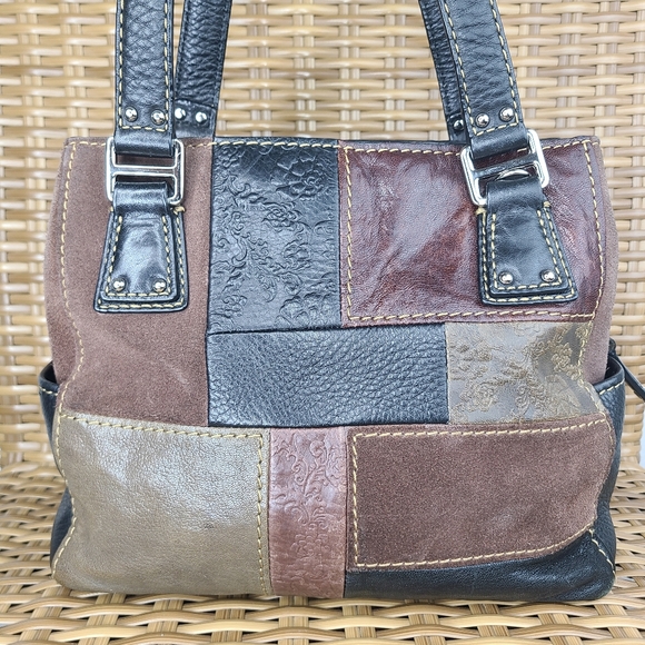 Fossil Shoulder Bag Handbag Purse Patchwork Leather Suede Black Brown Burgundy - Picture 5 of 16